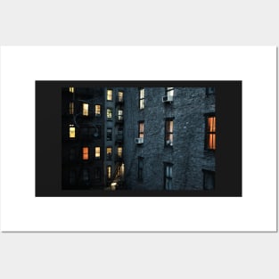 Illuminated windows in New York City courtyard at twilight Posters and Art